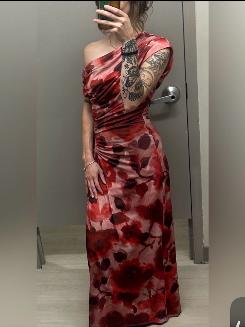 Premier Amour Red and Pink Floral Draped Evening Dress